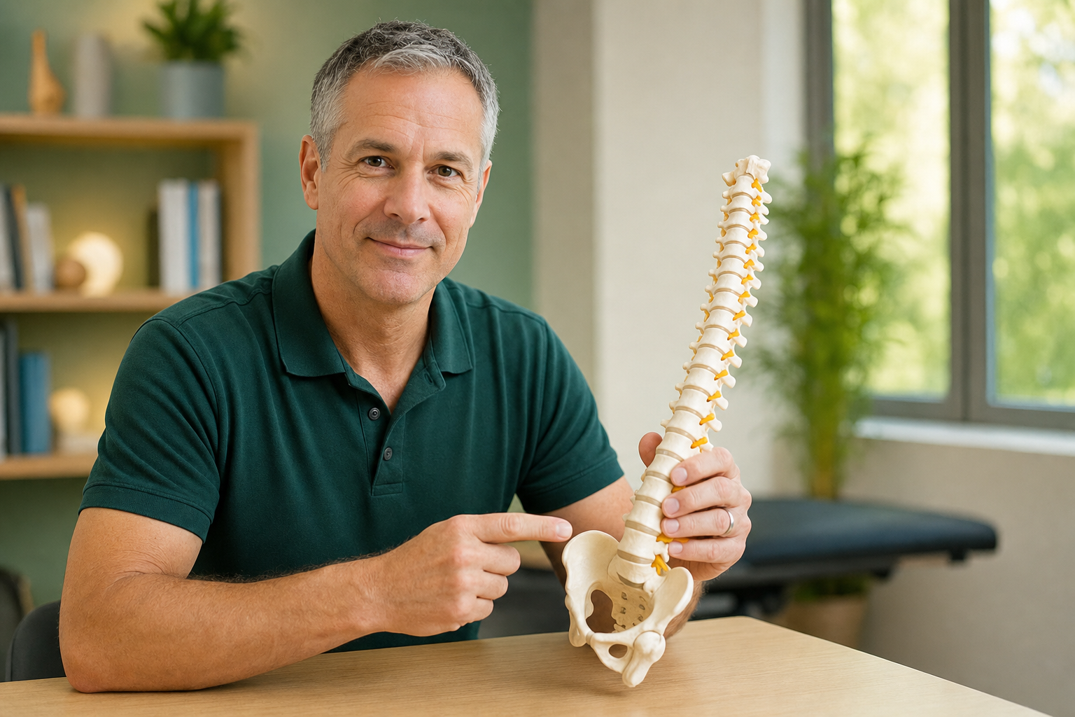 Dr. Rick Kuhlman at his desk with a lumbar spine model