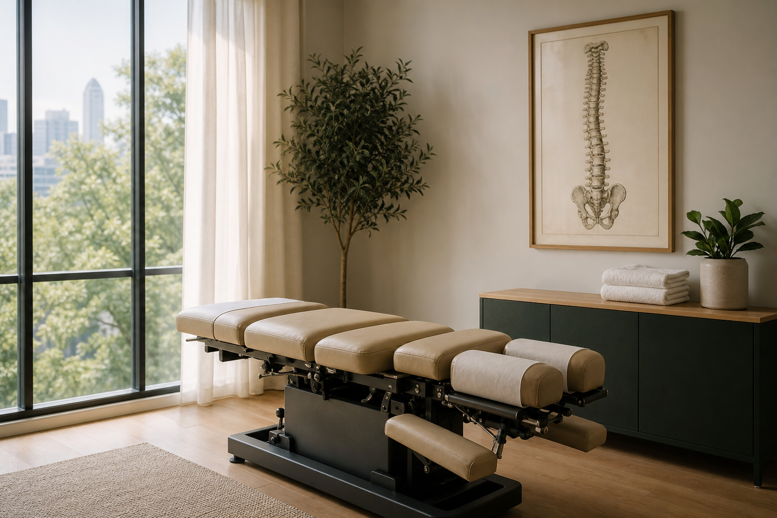 Adjusting table by the window in the treatment room at The Chiropractic Center